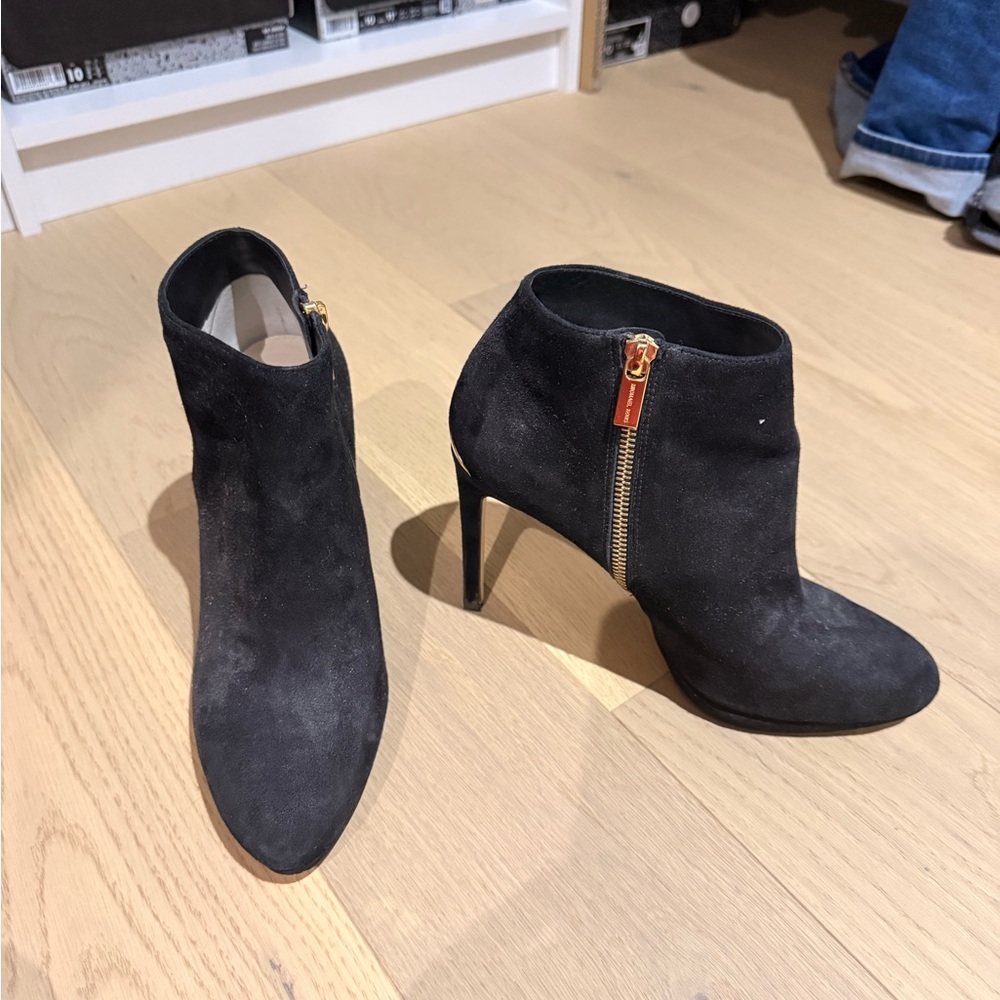 Michael Kors Black Suede Ankle Booties with Gold Zipper